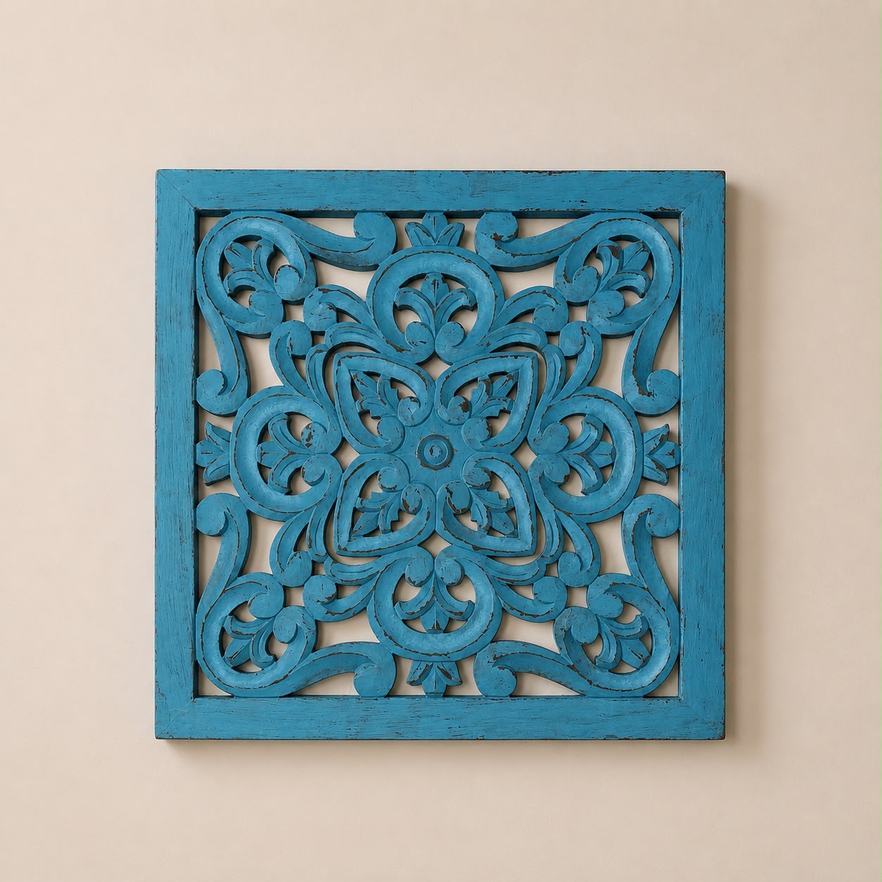 Blue Carved Wooden Wall Panel
