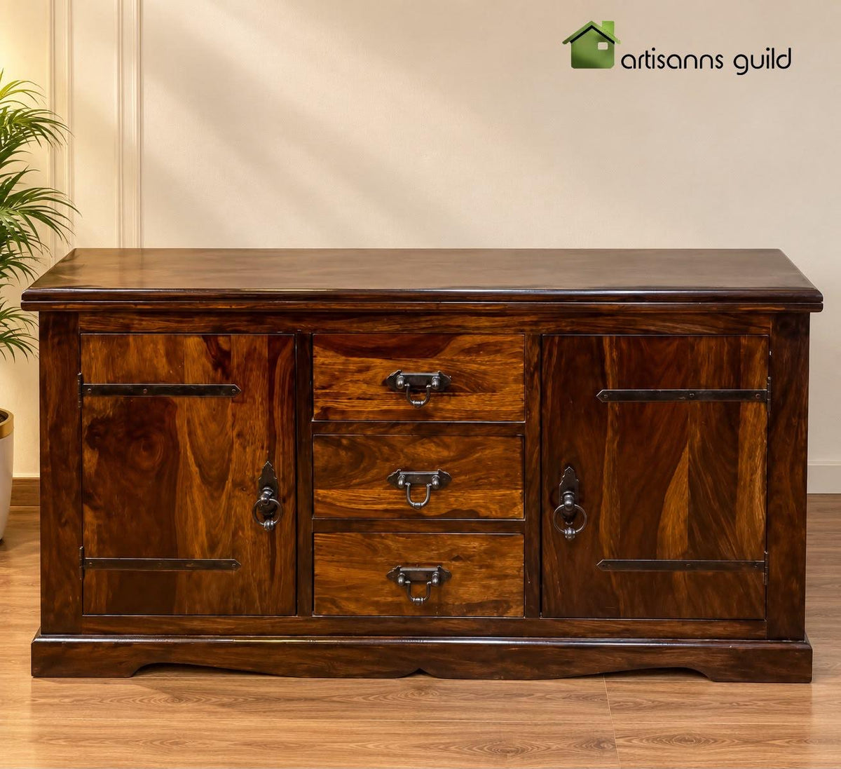 Wooden Sideboard With 3 Drawers & 2 Doors in Wooden Finish