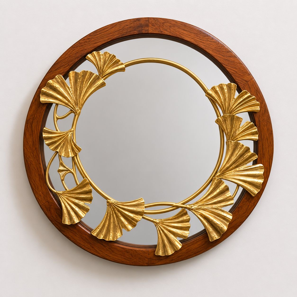 WOODEN ROUND MIRROR WITH GINKO LEAVES - 2