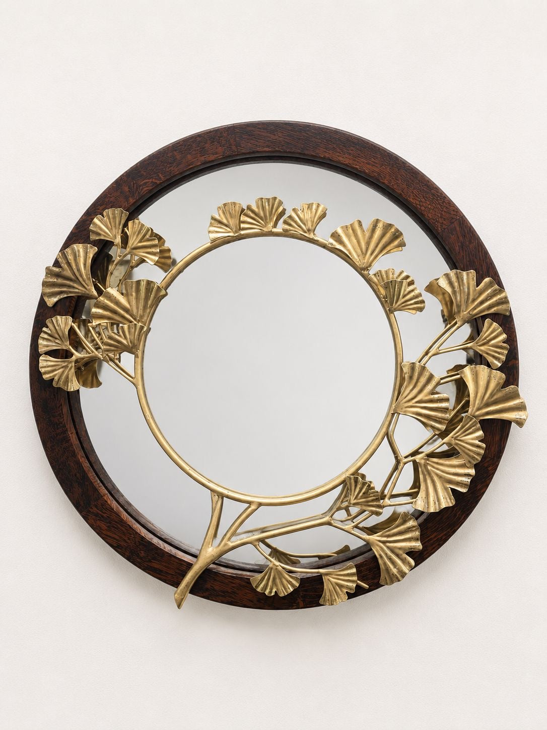 WOODEN ROUND MIRROR WITH GINKO LEAVES - 1