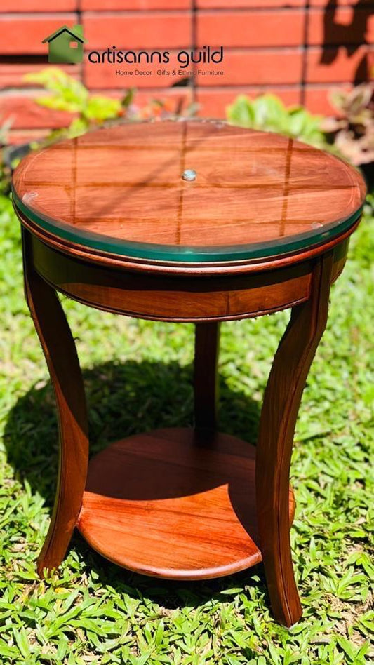 Wooden Round Side Table with Glass Top