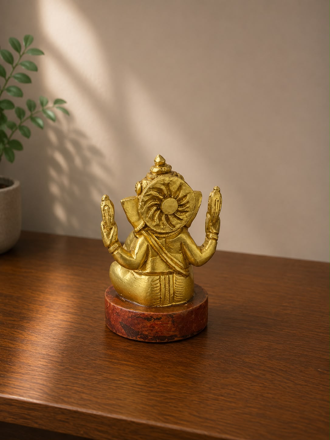 Small Ganesha Idol In Brass With Wooden Base
