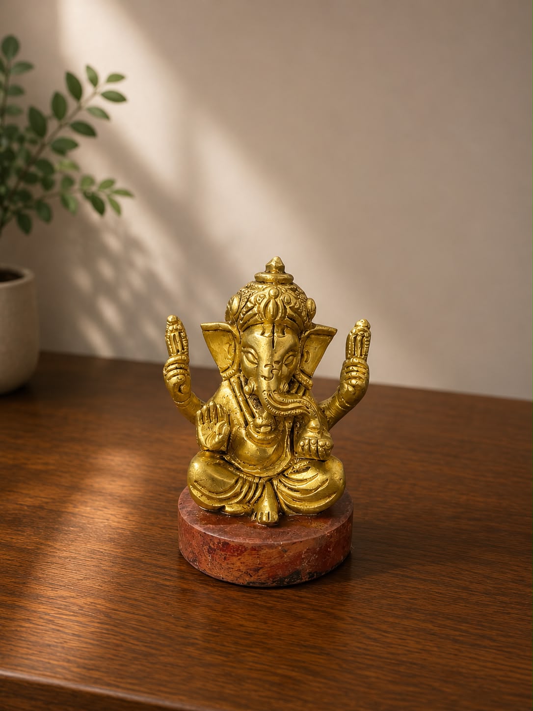 Small Ganesha Idol In Brass With Wooden Base