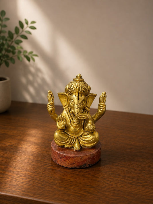 Small Ganesha Idol In Brass With Wooden Base